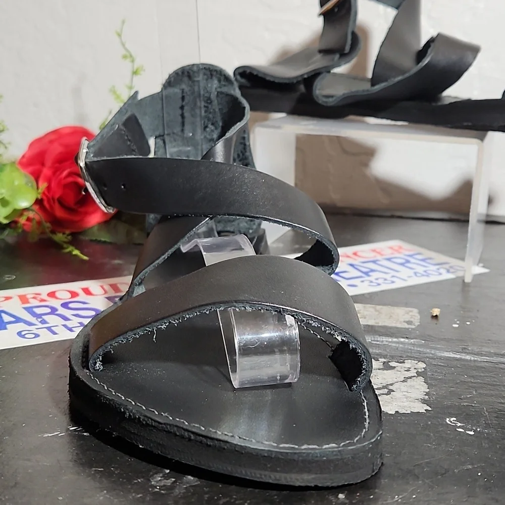 BRAVE SOLES The Jasmine Black Leather Upper Tire Soles Sandals 10